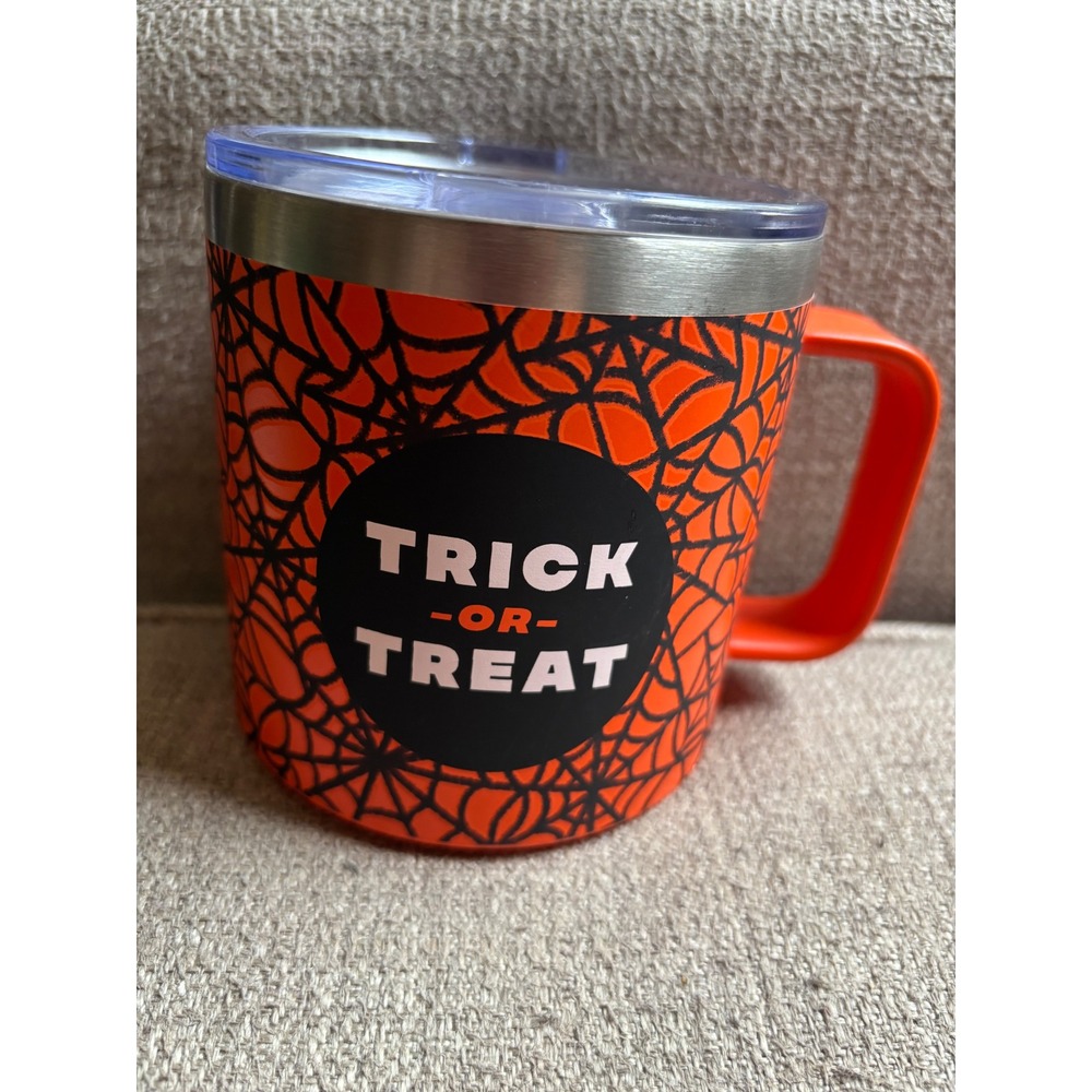 Halloween Trick or Treat Spiderweb Insulated Tumbler Mug with Lid Orange 14oz